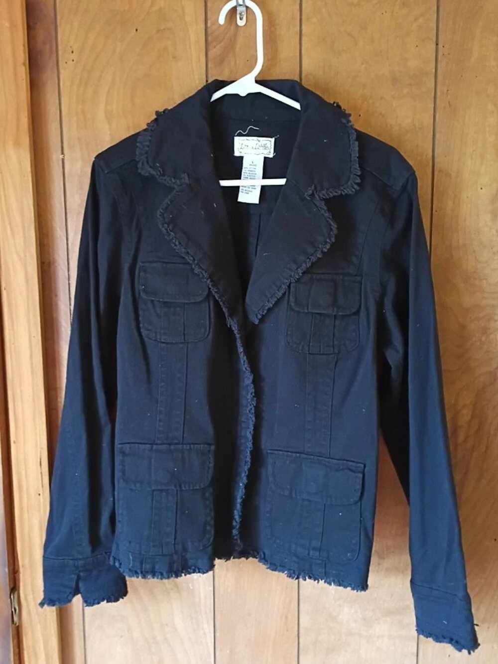 Live a Little Black Stretch Denim Frayed Trim Blazer Jacket Size Large Y2K